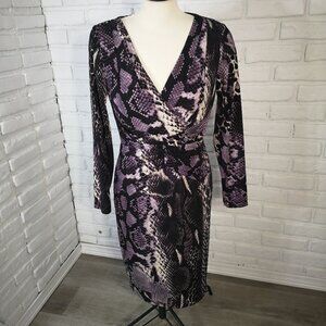 David Meister Ladies Size 10 Purple Cream & Black V-neck Snakeskin Print Dress